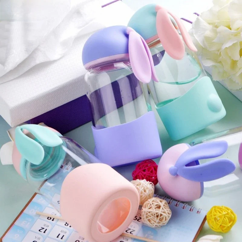 Cute Water Bottles Cartoon Rabbit Glass Bottle with Silicon Sleeve for Kids Student Girls Portable Drink  Glass Cup