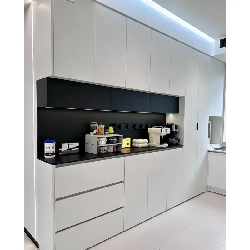 Modern style white melamine board living room cabinet with black decoration, simple and elegant design, perfect for villas.