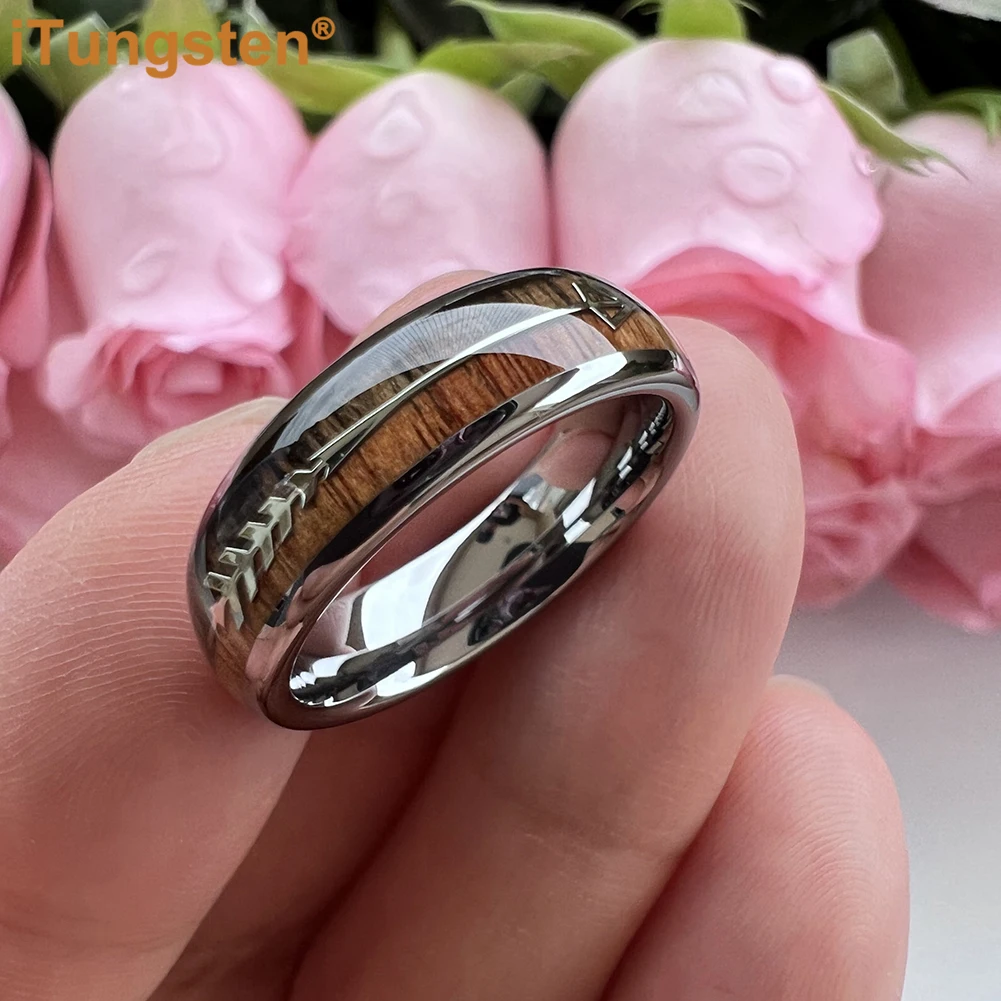 iTungsten 6mm 8mm Tungsten Carbide Ring for Men Women Engagement Wedding Band Fashion Jewelry Arrow Koa Wood Inlay Comfort Fit