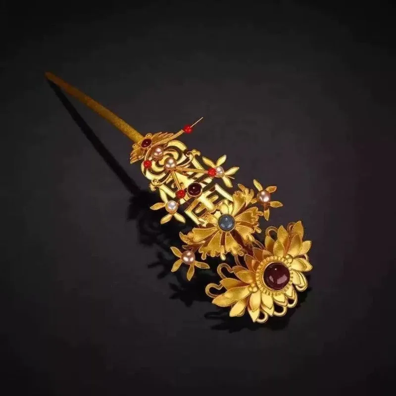 

Позолоченные пара заколок для волос в винтажном дворцовом стиле, филигранный дизайн лотоса, аксессуар для волос ханьфу для женщин, традиционная прическа в виде булочки