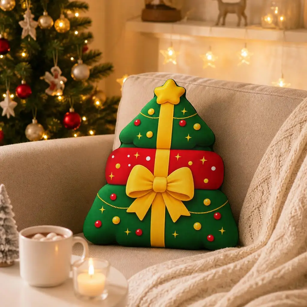 Christmas Tree Shaped Pillow with Yellow Bow Star Festive Throw Cushion Stuffed Holiday Sofa Decor Seasonal Home Accent Gift