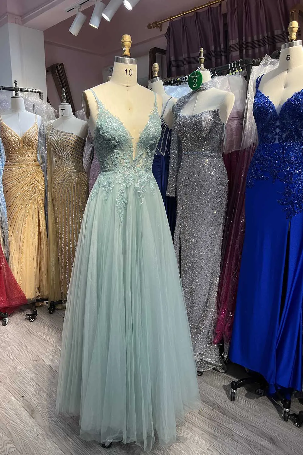 YQLNNE Cute Mint Green Glitter Long Prom Dresses Bling Tulle Backless Evening Gown For Party