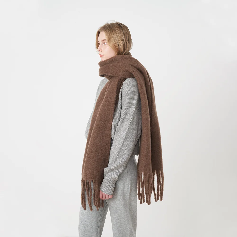 New Winter Mohair Imitation Cashmere Solid Color Scarf with Extra Long, Thick and Coarse Fringes for Autumn and Winter Warmth