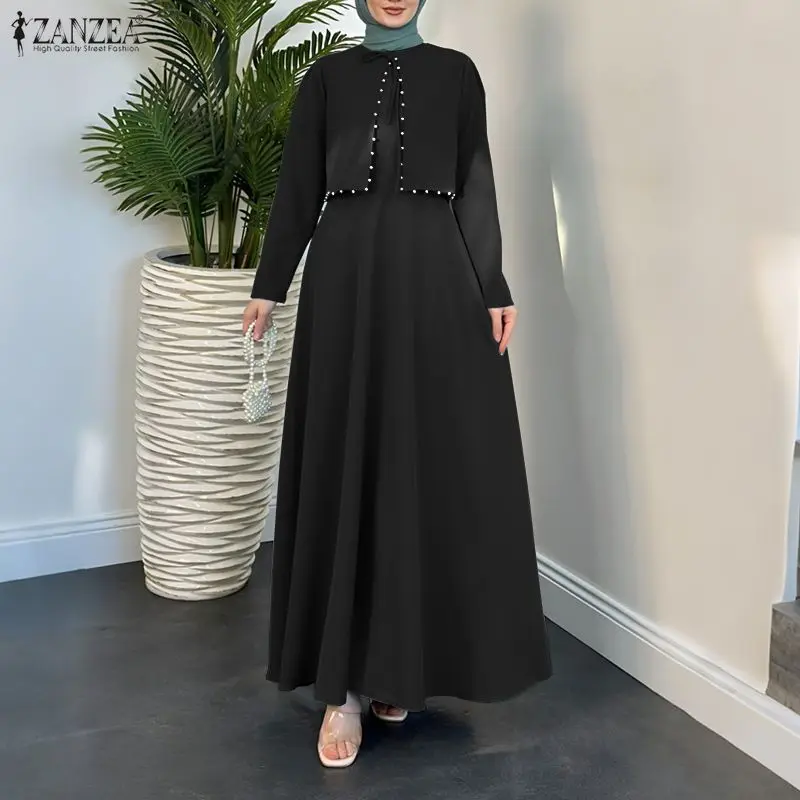 

Modest Fashion Women Long Dress Muslim O-Neck Long Sleeve Layered Design Pearls Abaya Islamic Hijabs Clothing ZANZEA Robes Femme