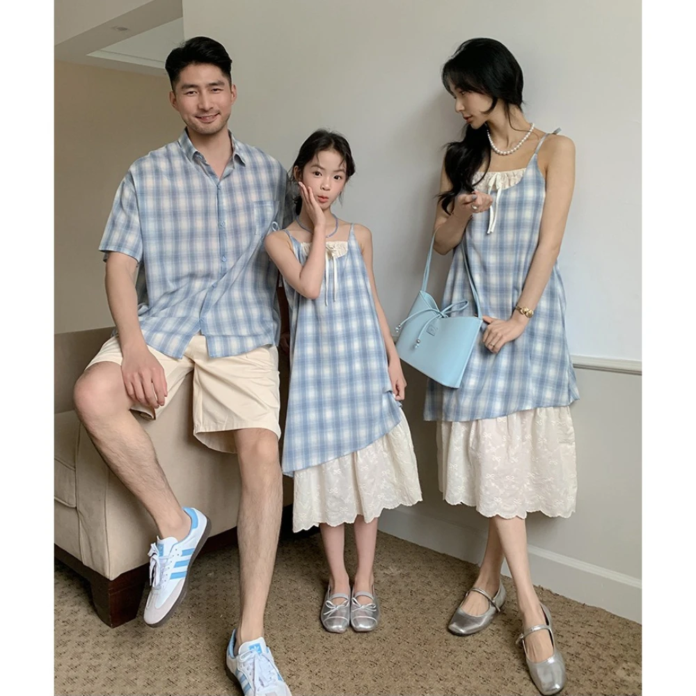 

2026 Summer Family Matching Outfits Blue Gingham Plaid Shirt & Cami Midi Dress Set For Mom Dad Kids Casual Vacation Wear