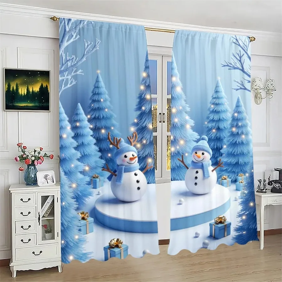 2PCS Digital Print Curtain, Blue Christmas Trees with Snowmen and Gift Boxes, Fairy Lights on Light Blue, for Window Home Decor