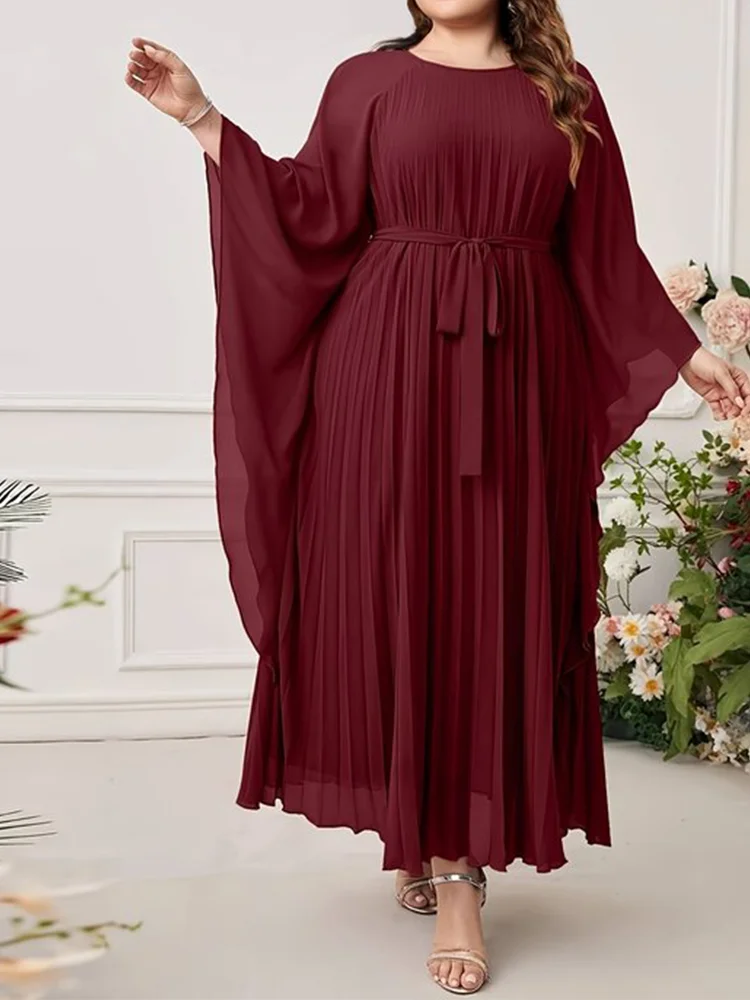 Plus Size Spring Round Neck Batwing Sleeve Solid Color Long Dress for Women Pleated Belted Fashionable Mid-Calf Slim Fit Dress