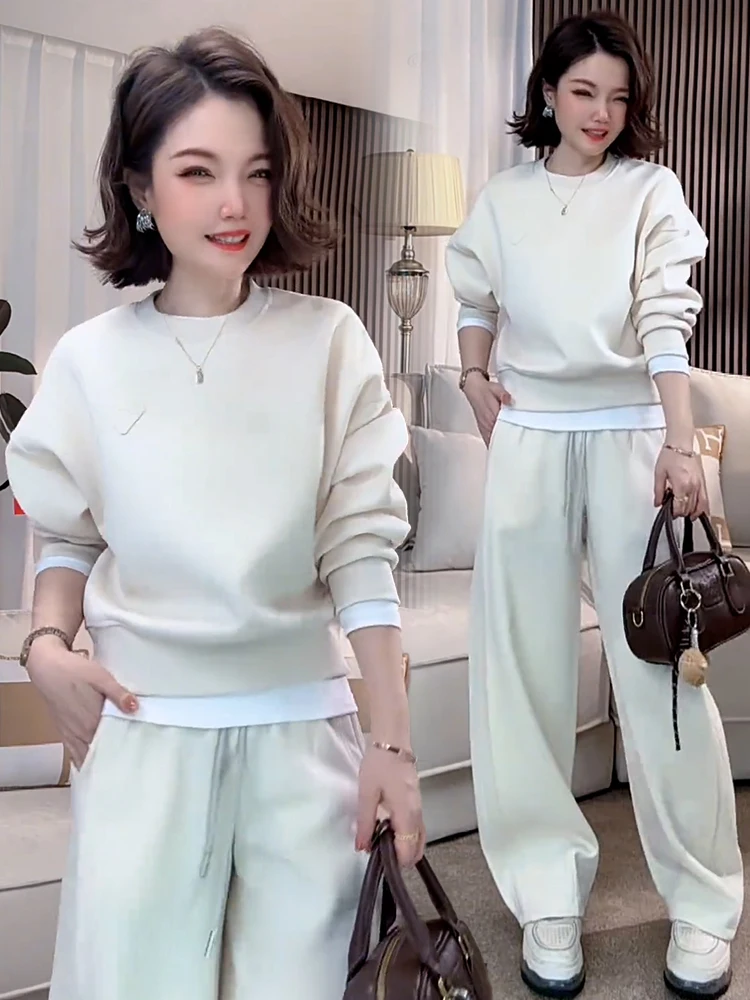 Fashion casual sportswear two piece set women's autumn 2025 new round neck pullover high waist drawstring wide leg pants