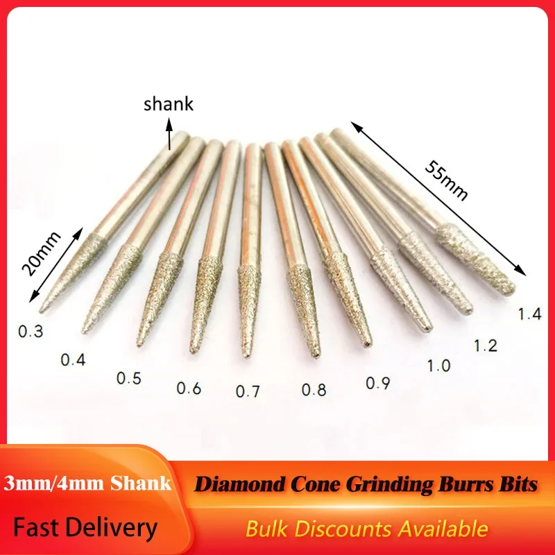 

1Pc 0.3mm-1.2mm Diamond Grinding Burrs Bits 3mm/4mm Shank Engraving Carving Knife For CNC Metal Jade Ewellery Carving Files