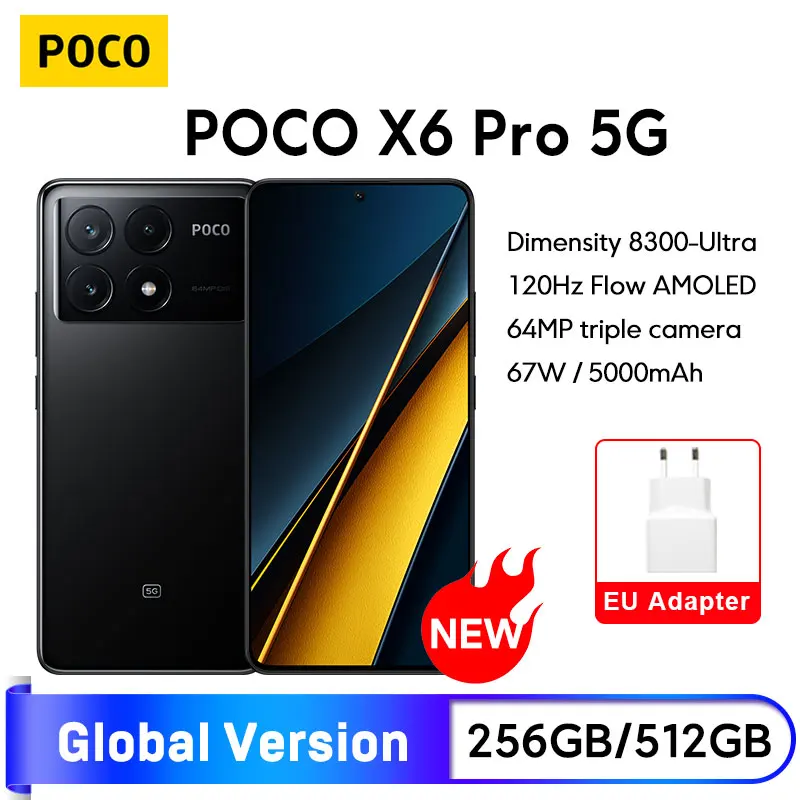 글로벌 버전 포코 X6 프로 5G 스마트폰, 치수 8300 울트라 120Hz 아몰레드 64MP 카메라, 67W 충전, 5000mAh 배터리 NFC 