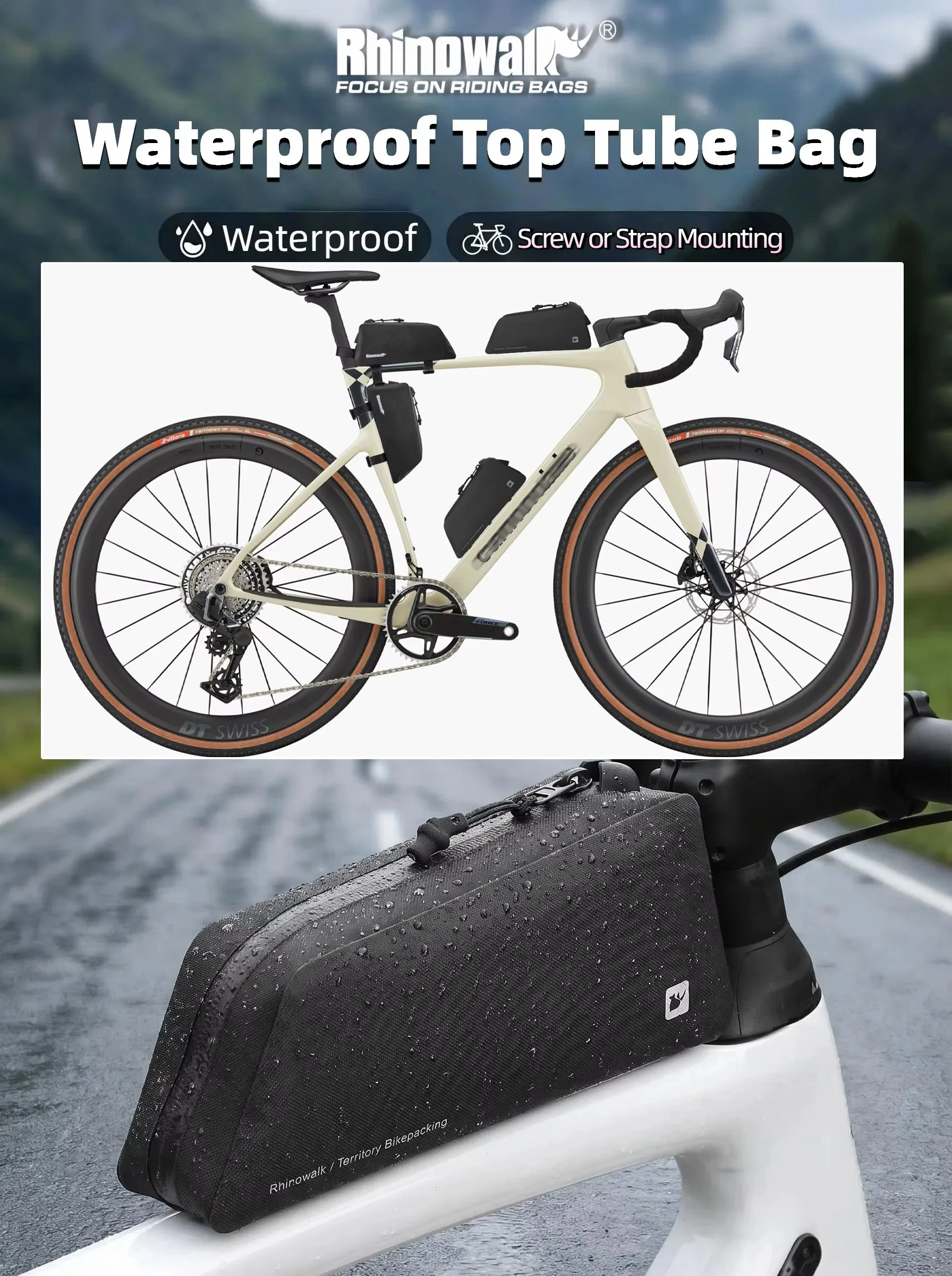 

Rhinowalk Bike Top Tube Bag Waterproof 1L Cycling Frame Bag Phone for MTB Road Gravel Bicycle Backpacking Screw or Strap Mount