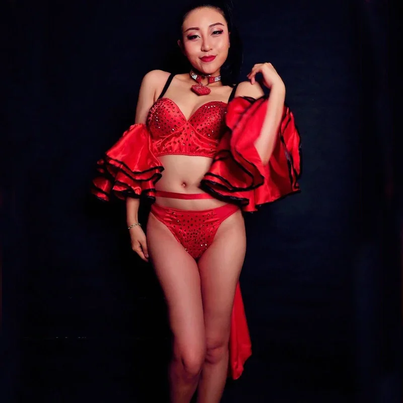 بار ملهى ليلي Dj Ds Gogo أزياء رقص مثير الراين بيكيني الساتان المخلفية تنورة القطب ملابس الرقص المرحلة الهذيان الزي XS6706 #4