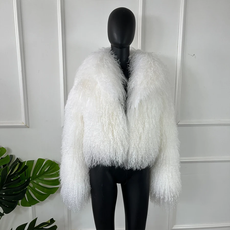 Genuine Mongolian Lamb Fur Jacket Ladies Short Sheepskin Coats Luxury Winter Fluffy Real Fur Coat 2023