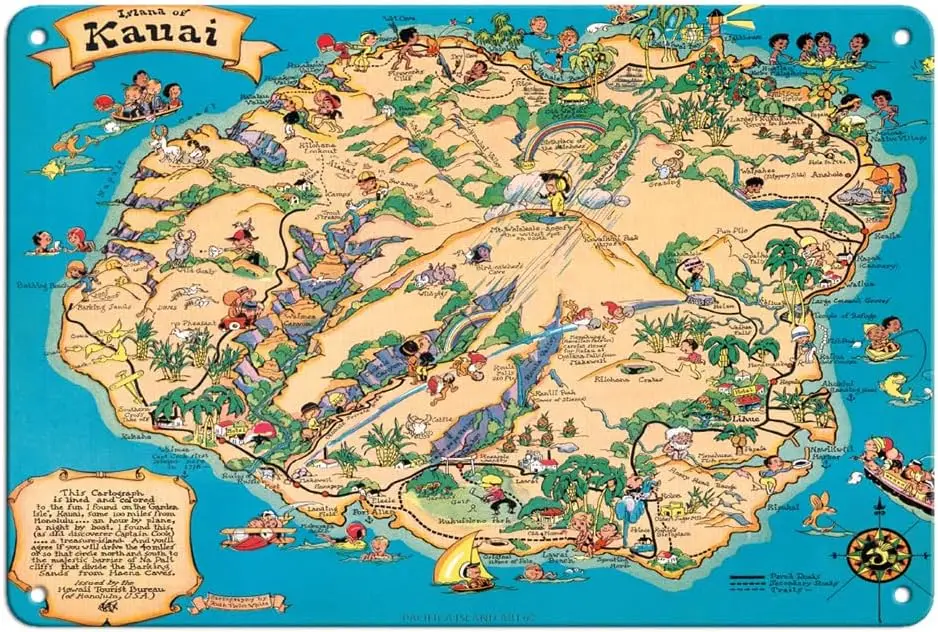 Hawaiian Island of Kauai Map - Hawaii Tourist Bureau - Vintage Map by Ruth White c.1941-8 x 12 inch Vintage Metal Tin Sig s sign