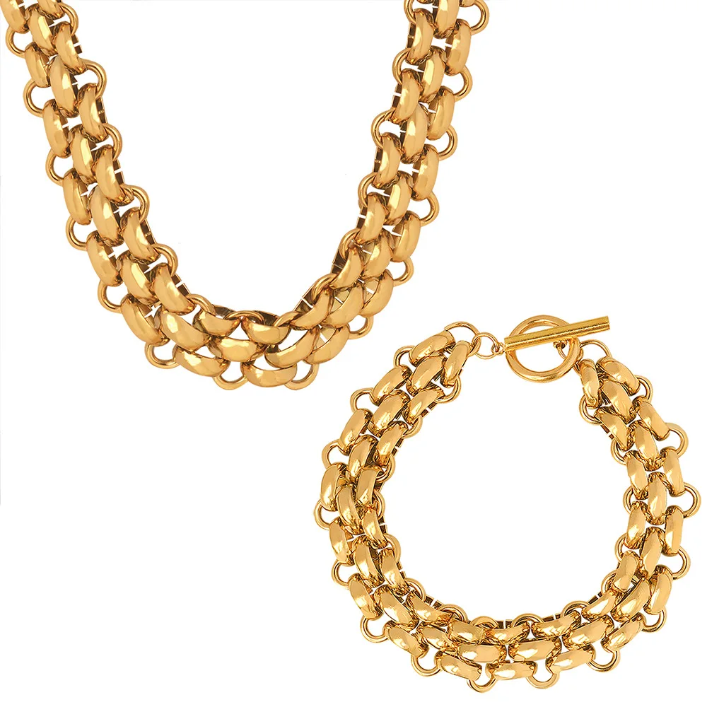 

New Stainless Steel Chain Necklace Bracelet Set for Women Kpop Gold Color No Fading
