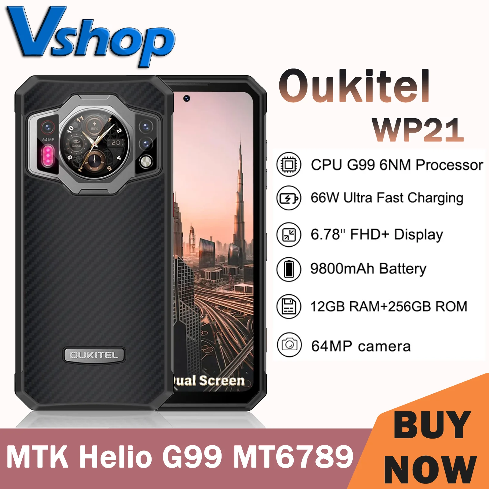 Oukitel WP21 Rugged Phone 12GB+256GB 6.78inch FHD+ 9800mAh Battery MTK Helio G99 64MP Camera 66W 120Hz NFC 4G Android 12