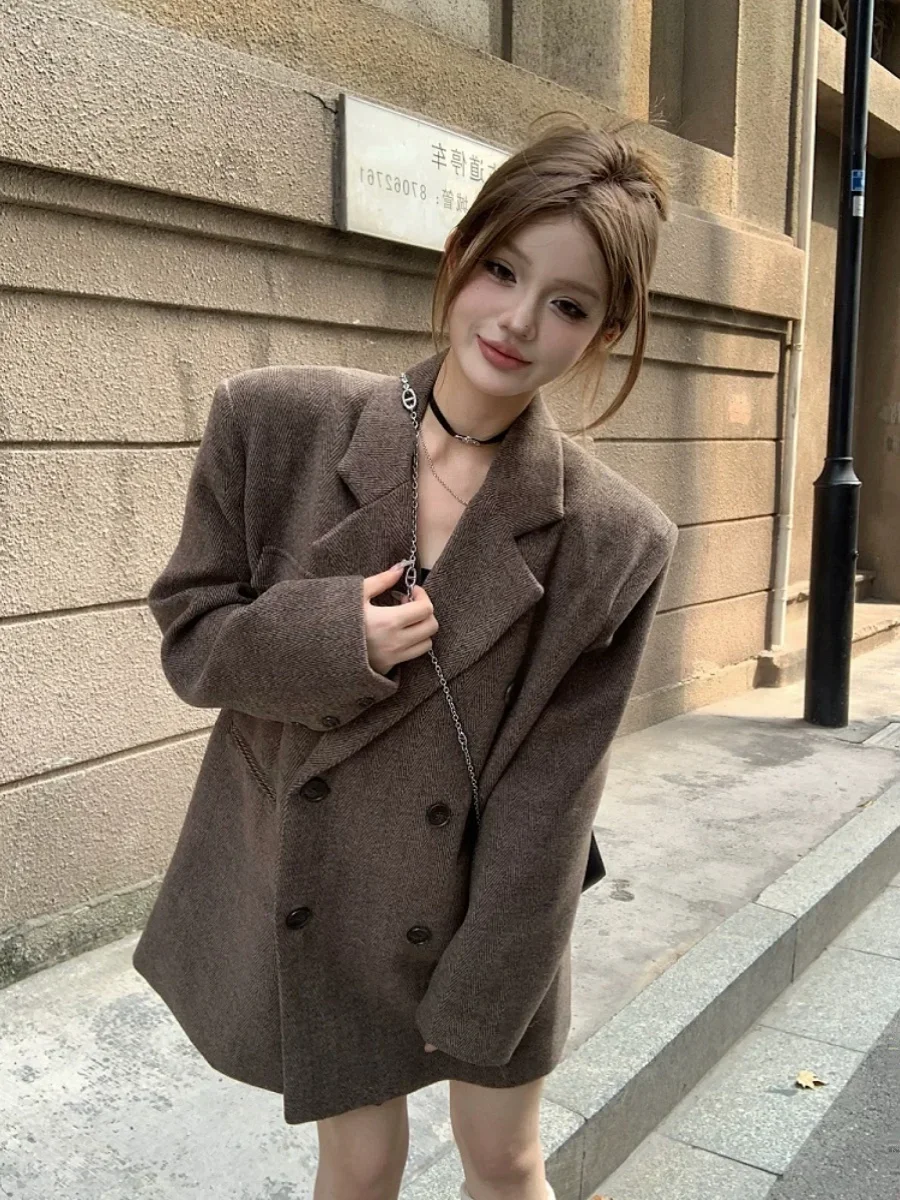 

Vintage Brown Women's Woolen Suit Jacket New Autumn and Winter High-end Elegant Loose Double-breasted Blazer Mid-length Coat Top