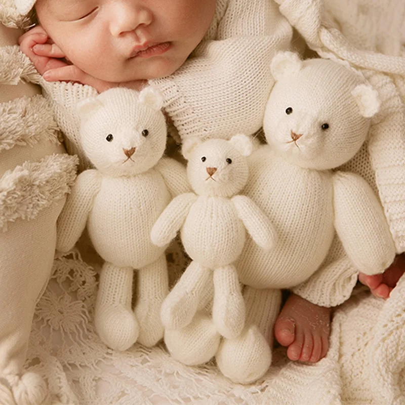 0-1 Month Baby Girl Photography Outfit Props Knitted Jumpsuit Hat Bear Doll Newborn Posing Pillow Studio Infant Photoshoot Props