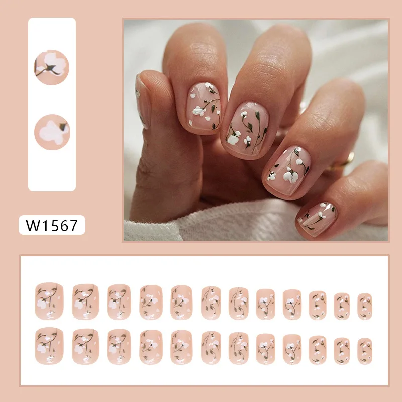 24pcs Short Square Flower Press on Nails Set Finger Stick-on unghie finte con colla unghie finte decorate a buon mercato Art per l'incollaggio