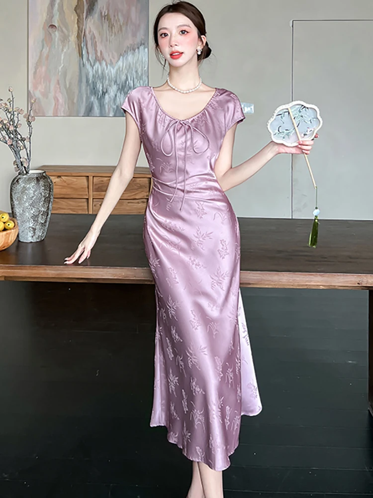 Feminino roxo cetim chique arco com decote em v vestido longo verão elegante luxo fesitval vestido de festa 2025 coreano vintage bodycon noite vestido