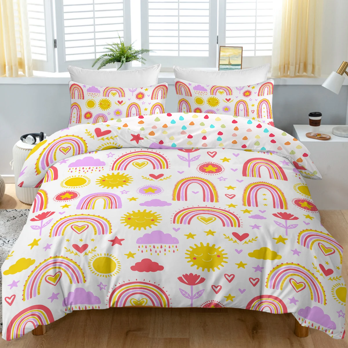 

3pc Cartoon Rainbow Yellow Sun and Clouds Design Bedding Set Quilt Cover with 1 Duvet Cover and 2 Pillow Cases for Kids Girls