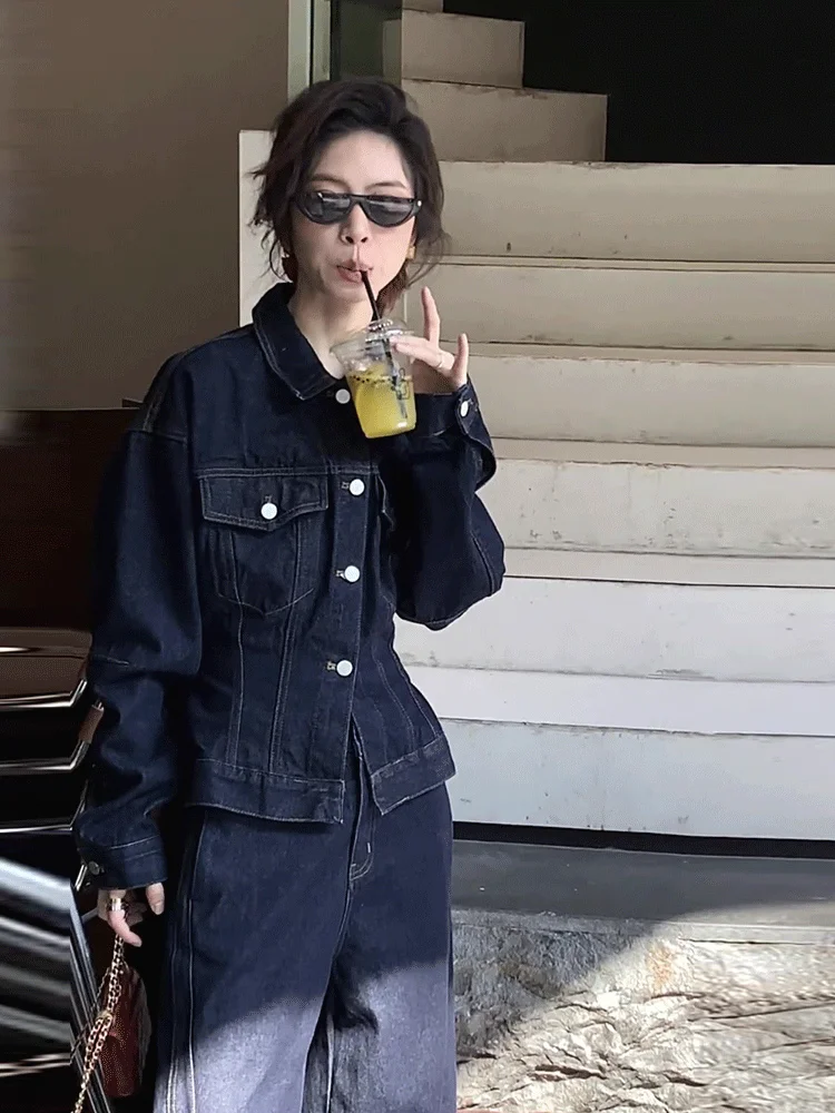 

Faionable Retro Denim Set Women's Autumn 2025 Casual High Waist Wide Leg Pants Salt Series Outerwear Two Piece Suit