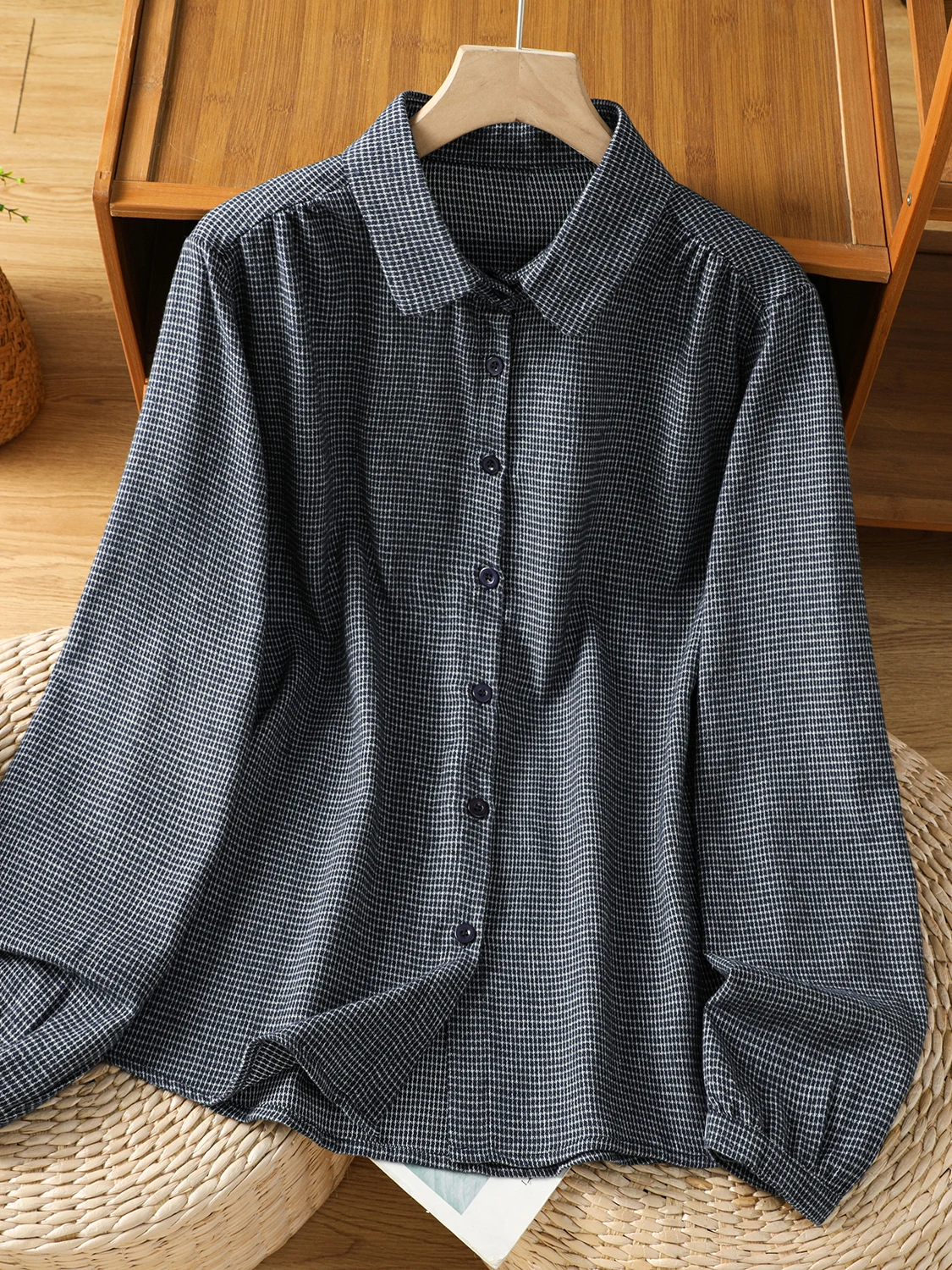 

Faionable Retro Plaid irt Stand Collar Color Woven Spring 2026 All-Match Artistic Korean Japanese Brand plus Size Top