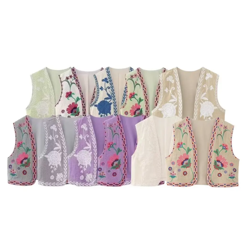 

Women's Embroidered V-Neck Sleeveless Outwear Summer Vest Open Placket Flower Design European American Style New Clothing