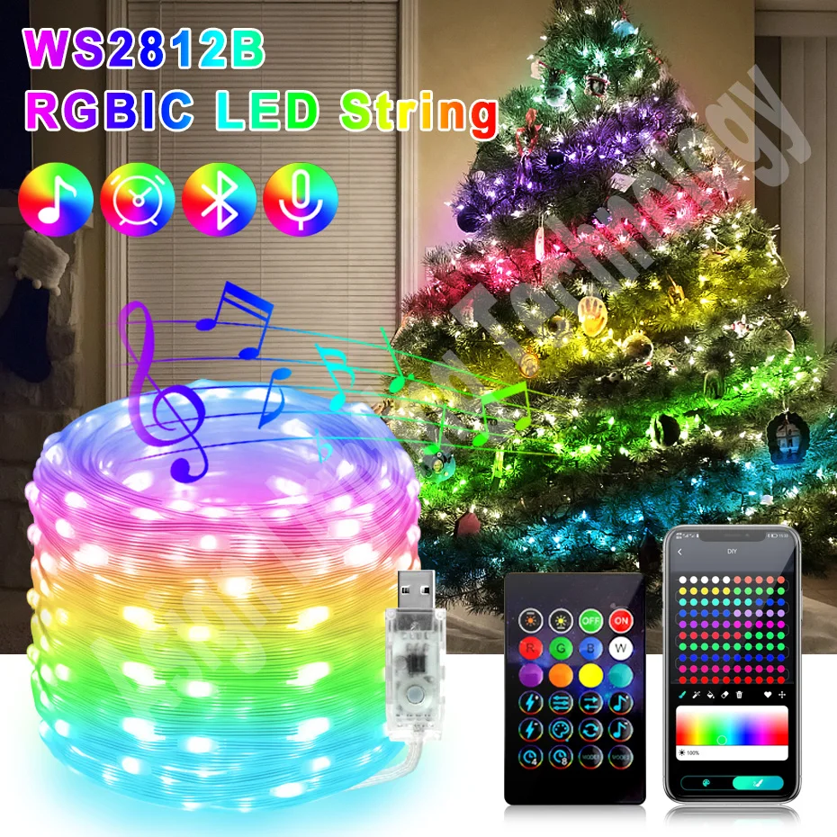 Bluetooth Smart USB LED Fairy String 5V RGBIC Music Sync Led Strip light IP67 Waterproof for Holiday Christmas Party Decoration