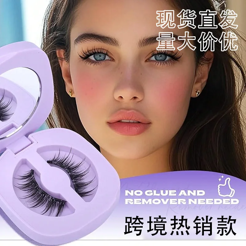 1 Paar 3 magnetische Wimpern, violette Box, magnetische falsche Wimpern, kleberfrei, natürlich wiederverwendbar, magnetische Wimpern mit Clip-Set
