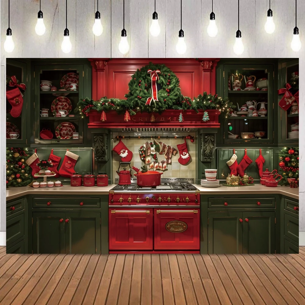 Kitchen Theme Christmas Backdrop Family Warm Winter Red Green White Wood Cabinet Wreath Backgrounds Photography Props