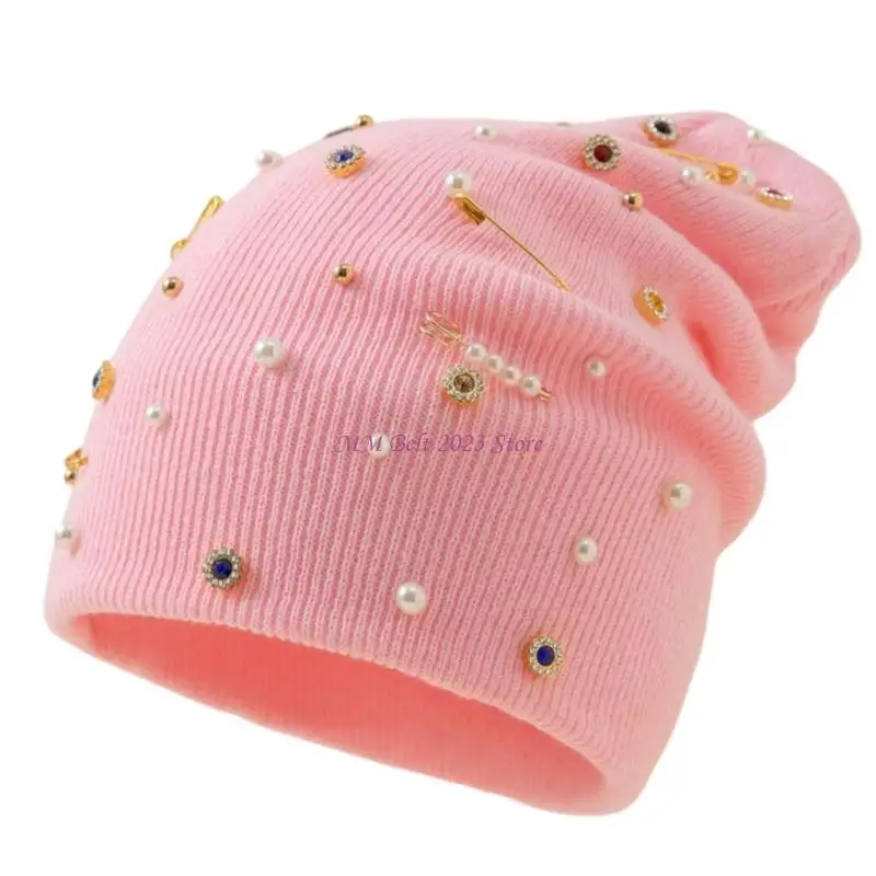 49ME Rhinestones Studded Hat Pearls Outdoor Teens Streetwear Skull Caps for Skiing Cycling Women Colorful Hat Knit Winter Hat