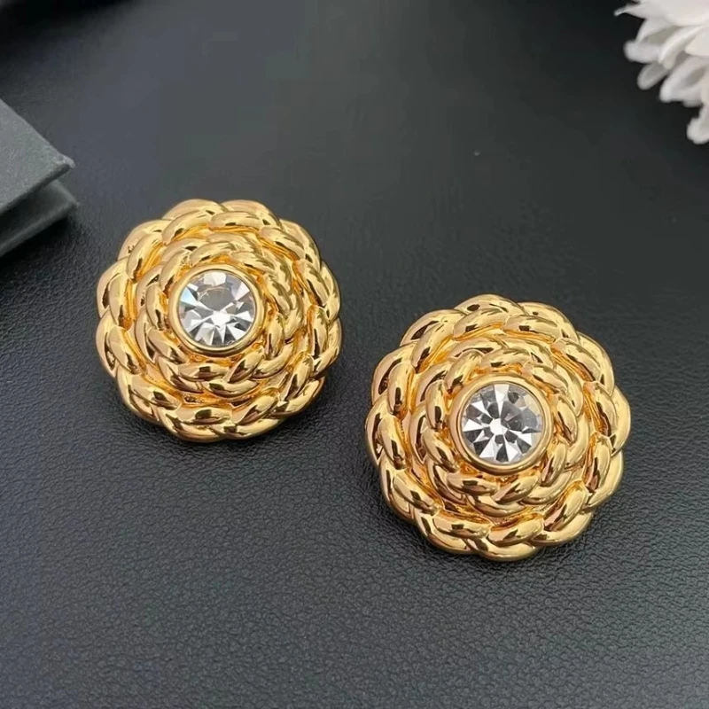 

Vintage Designer Brand Crystal Gold Round Earring Ear Clip Women Top Quality Jewelry Party Trend