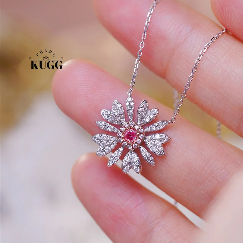 KUGG 100% 18K White Gold Necklace Romantic Daisy Shape Real Natural Pink Diamond Pendant Necklace for Women High Wedding Jewelry