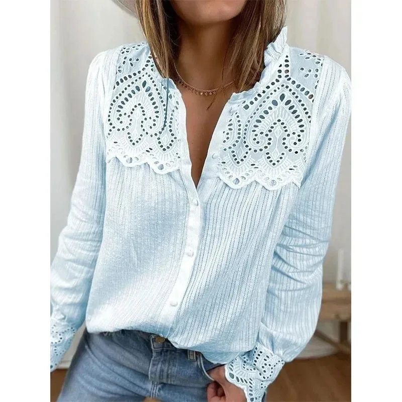 Casual Patchwork Lace Shirt, Long Sleeve, Stand Collar, White Blouse, Single Breasted, Hollow Tops, Elegant, Fashion 29363