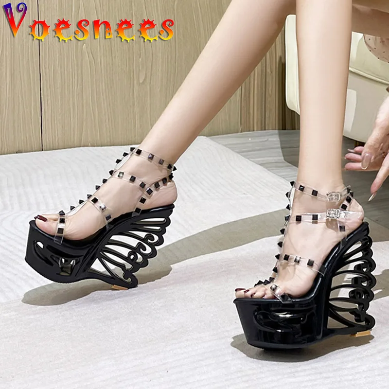 New 2022 Women's Rivet Transparent Sandals Hollow Out Wedge High Heel Shoe Silver Super High Nightclub Steel Tube Dancing Shoes