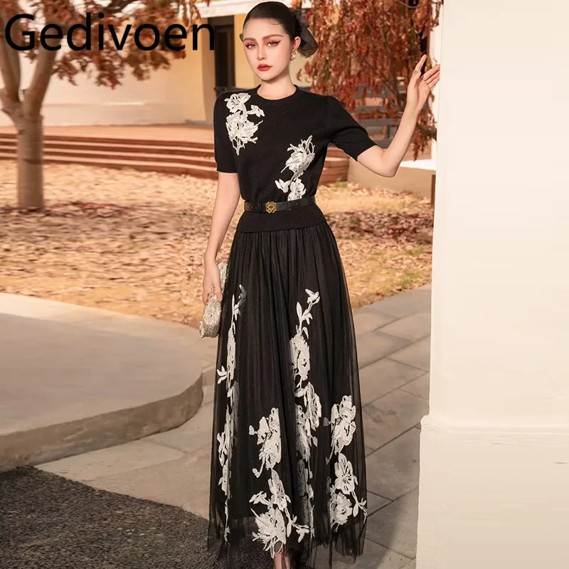 Gedivoen Summer Fashion Runway Designer Skirt Sets Women's Vintage Flowers Embroidery Tunic+Net Yarn Elastic Waist Skirt Sets