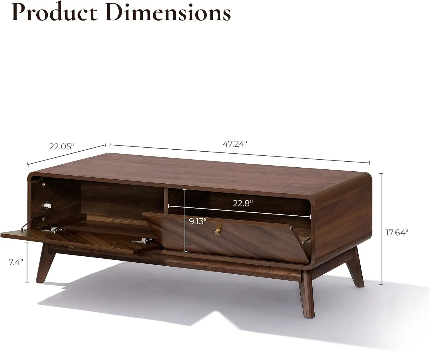 47 Inch Mid‑Century Modern Live Edge Coffee Table with Storage, Walnut Finish, Living Room Accent Furniture