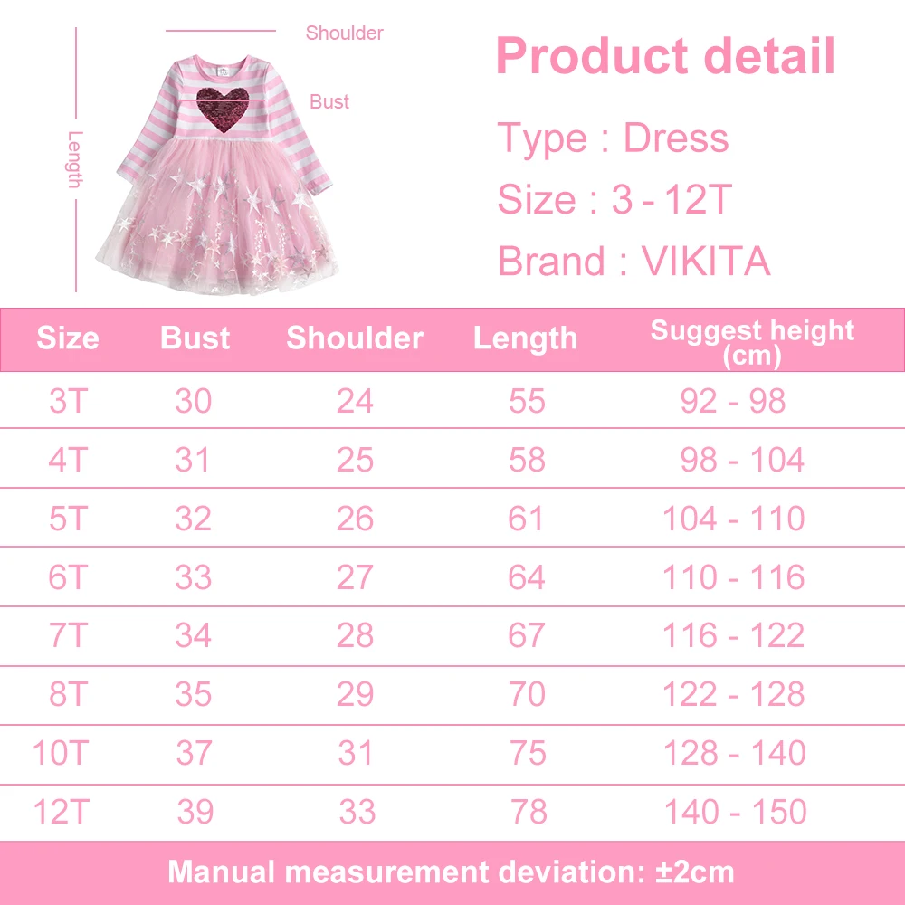 VIKITA Girls Heart Shape Sequined Dress Kids Striped Patchwork Dress Kids Pink Lace Mesh Tulle Princess Birthday Party Costumes