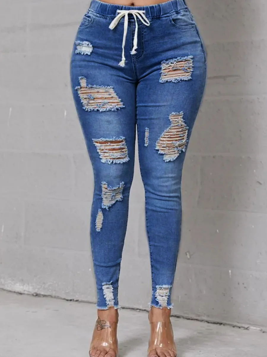 Plus Size High-Waist High Stretchy Ripped Distressed Jeans Denim Casual Solid Basic Women Elastic Waist Daily Trousers