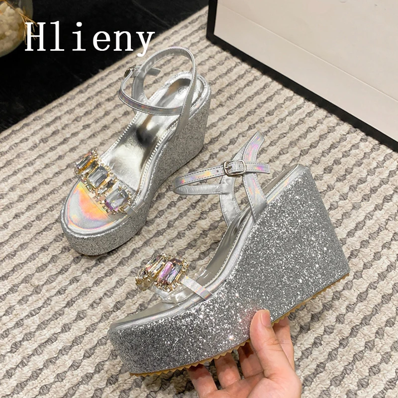 Hlieny Crystal Platform Wedges Buckle Strap Women Sandals Fashion Gladiator Open Toe High Heels Shoes Ladies Summer Pumps