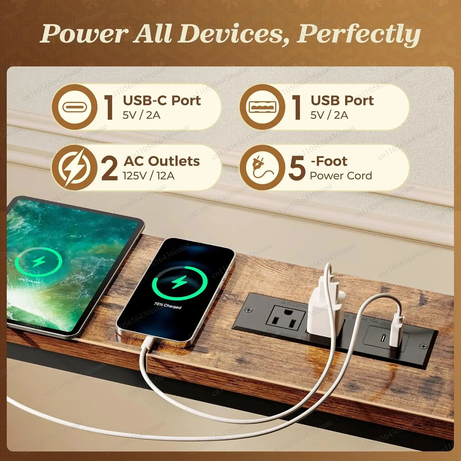 Sofa Side End Table with Charging Station, 2 AC Power Outlets & USB‑C Port