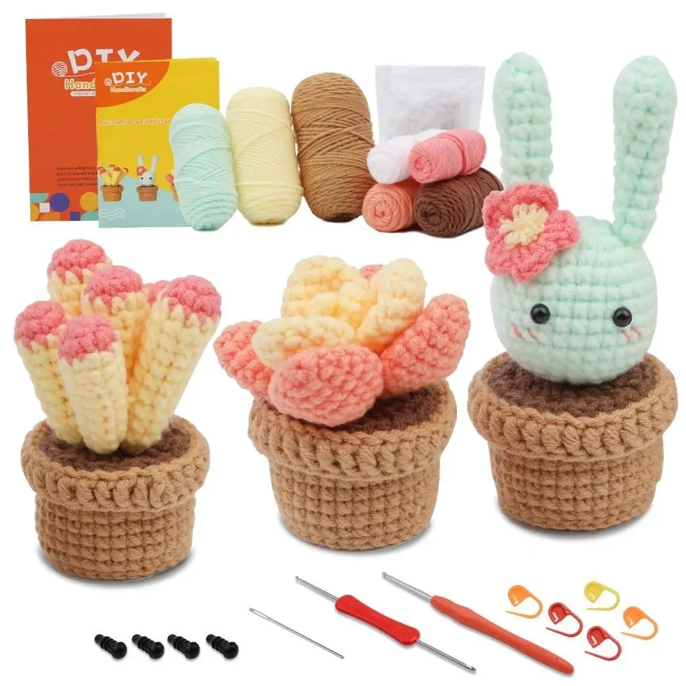 1set Acrylic Beginner Crochet Kits Sewing Tools Zero To Hero DIY Knitting Potting Plants Kit Easy To Follow Step-by-Step