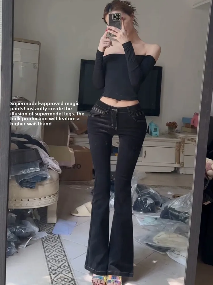 

Женские джинсы-клеш с высокой талией, удлиненные, ультратонкие, с эффектом увеличения объема бедер, черные, из денима, с расклешенными штанинами, модель Super Model