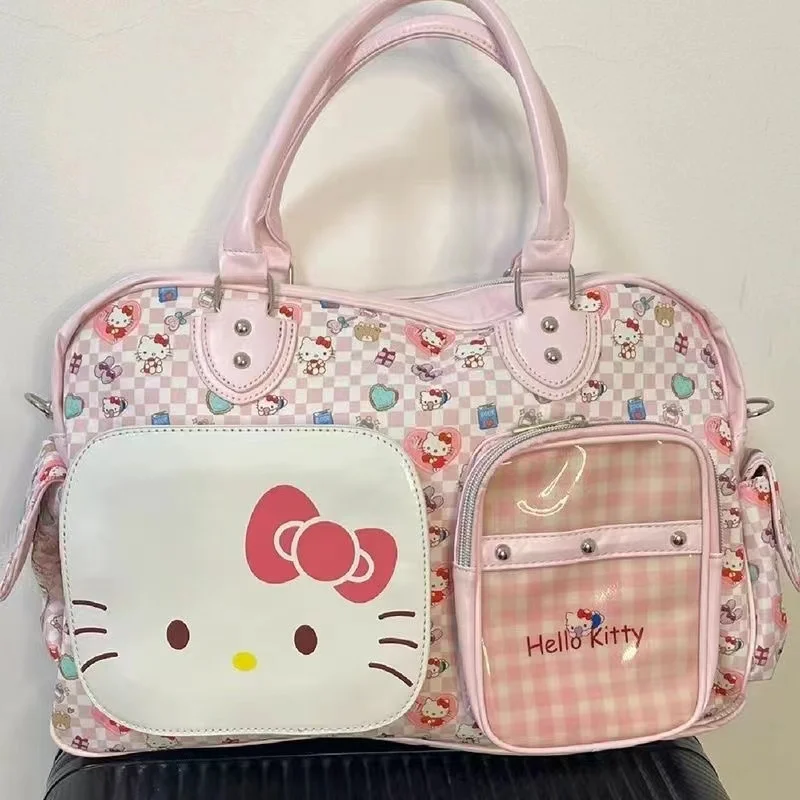 New Sanrio Hello Kitty PU Travel Bag Girls Y2K Cute Shoulder Bag Cartoon Waterproof Storage Handbag Portable