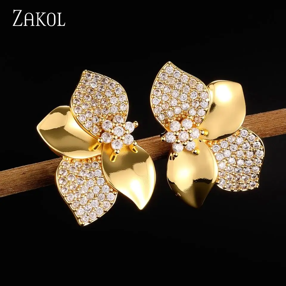 ZAKOL Creative Flowers Micro-set Zircon Exquisite Fashion Women's Stud Earrings Shining Charm Daily Party Jewelry Accessories