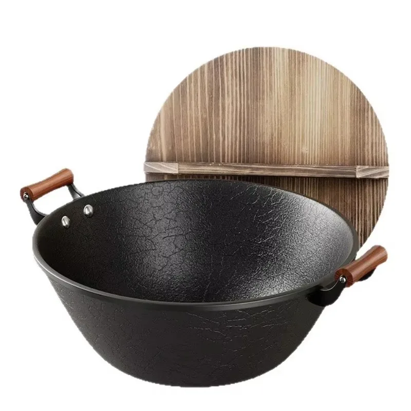 Household carbon steel pot soup pot stew pot uncoated wok Chinese style with wooden lid universal uncoated