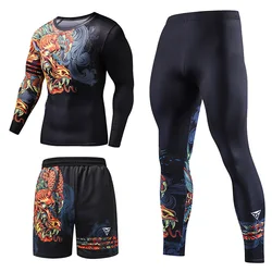 Chinese Style Men 3Piece Outfit Set Printe Gym Fitness Sports 3 in 1 Suit Running Jogging Sport Wear Exercise Workout Set