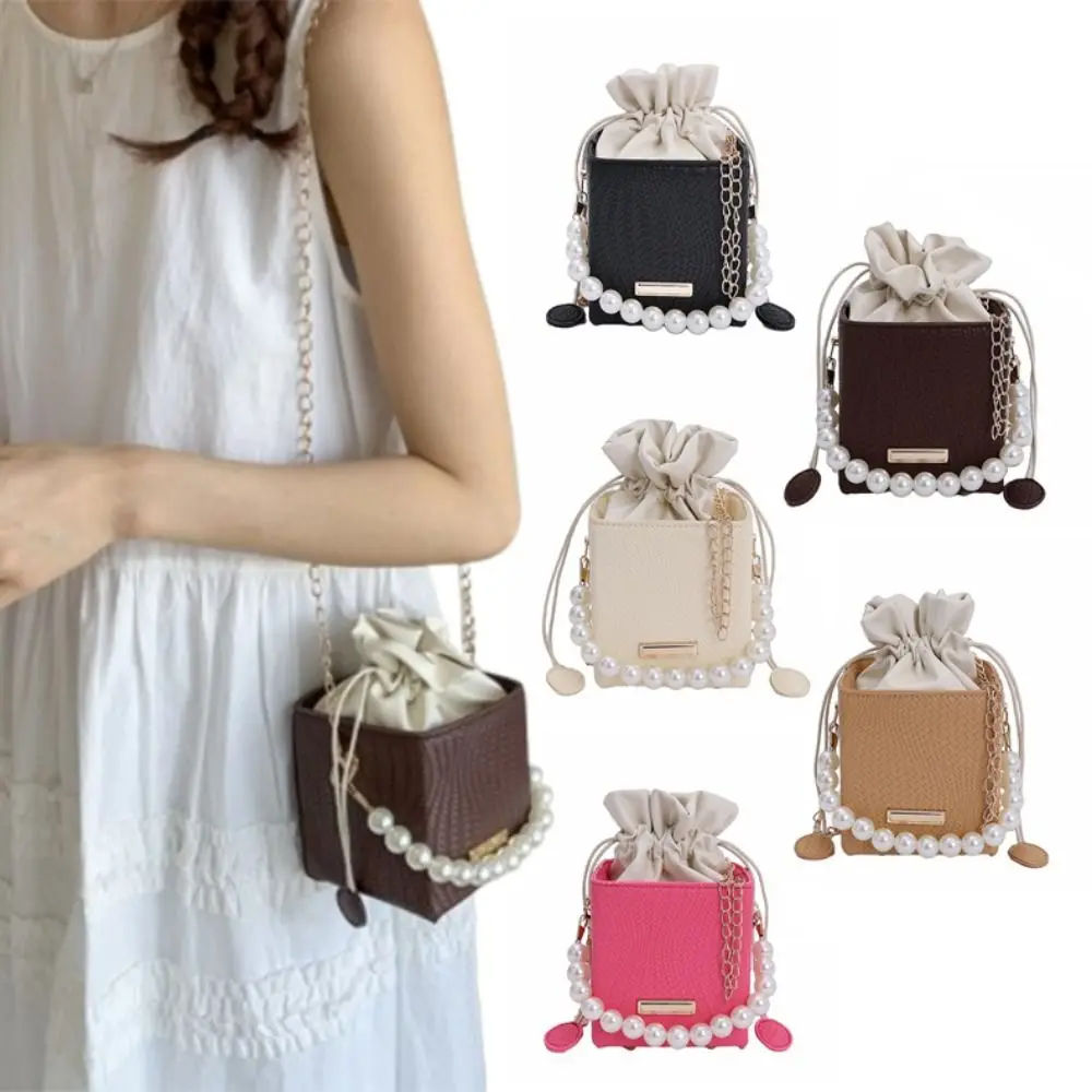 Portable Chic Women Shoulder Bag Light Luxury Elegant Crossbody Bucket Bag PU Leather Square Drawstring Handbag Vacation