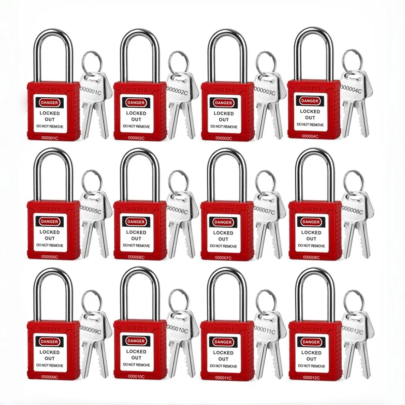 BOZZYS Lockout Tagout Locks 12-Pack OSHA Red Loto Locks Keyed Different 2 Keys/Lock for Industrial Machinery & Electrical Panels Chrome Steel & Laser Coding